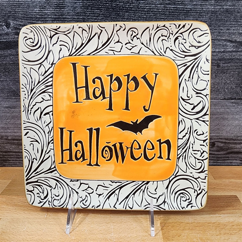 Load image into Gallery viewer, Halloween Set of 3 Orange Black Plates Embossed Ceramic 9" Square ELI + ANA
