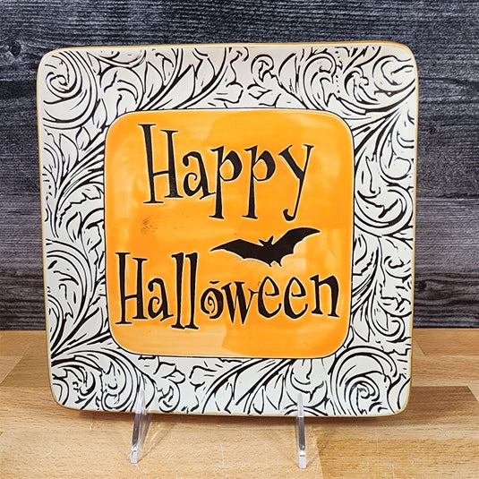 Halloween Set of 3 Orange Black Plates Embossed Ceramic 9" Square ELI + ANA