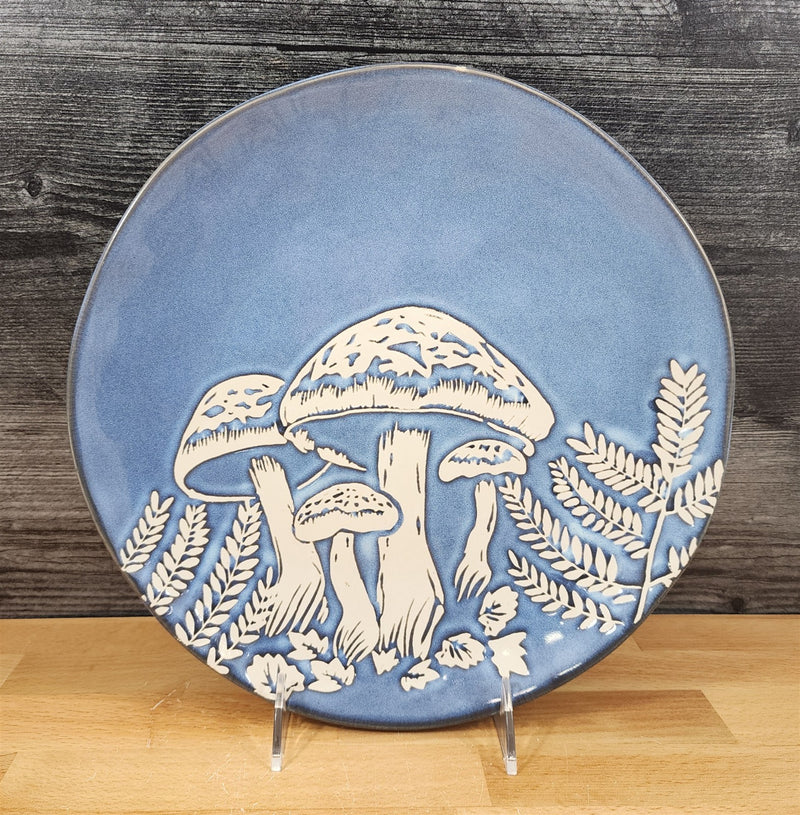 Load image into Gallery viewer, Mushroom Floral Dinner Plate Toadstool Embossed Ceramic 10.5&quot; Blue Sky
