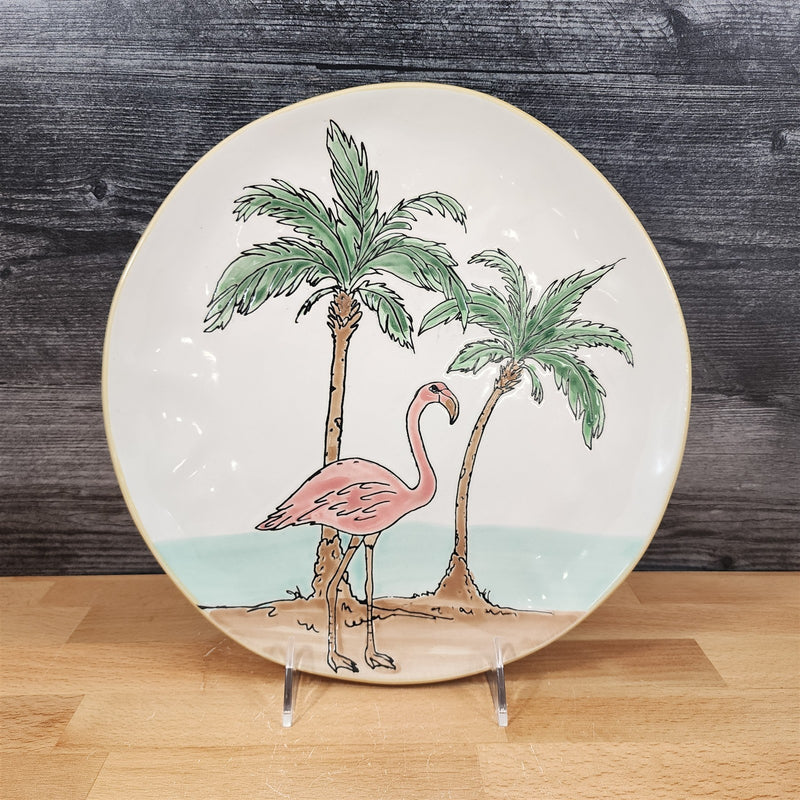 Load image into Gallery viewer, Pink Flamingo Dinner Plate Whimsical Palm Tree&#39;s Embossed Ceramic 11&quot; Blue Sky
