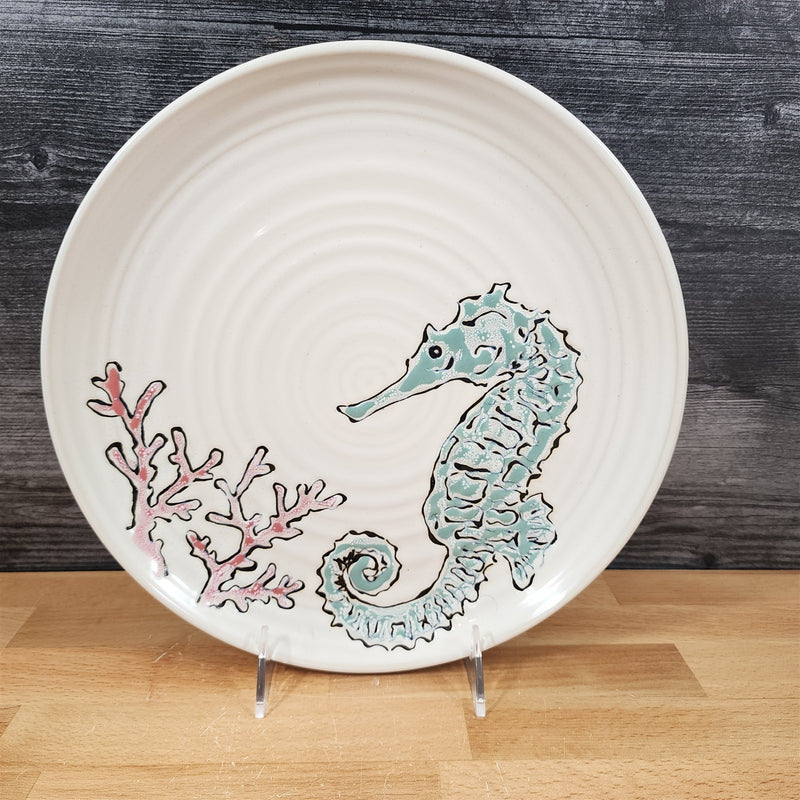 Load image into Gallery viewer, Sunny Cove Dinner Plate Whimsical Sea Horse Embossed Ceramic 10.5&quot; Blue Sky
