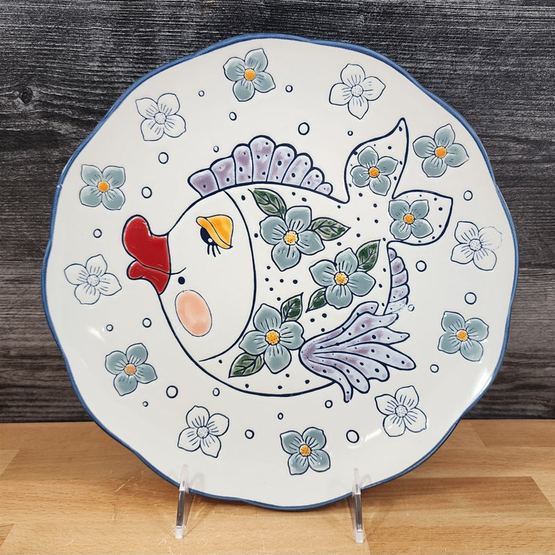 Load image into Gallery viewer, Kissy Fish Dinner Plate Whimsical Embossed Ceramic 10.5&quot; Sea Nautical Blue Sky
