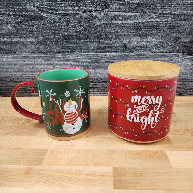 Load image into Gallery viewer, Snowman Mug and Merry &amp; Bright Canister Set Christmas Cocoa Ceramic Blue Sky
