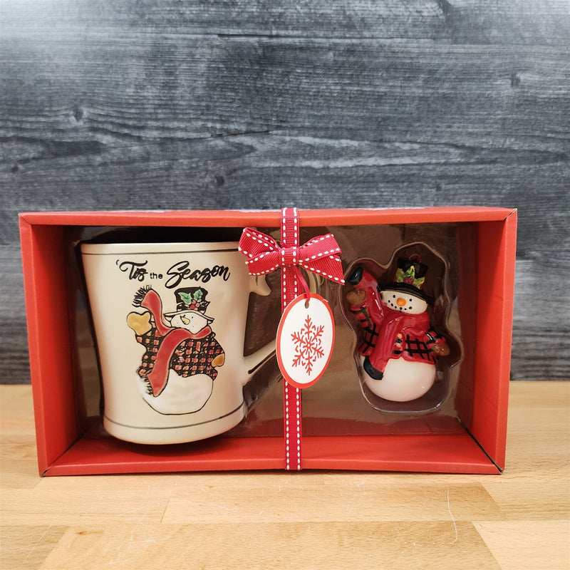 Load image into Gallery viewer, Buffalo Check Snowman Holiday 16 oz Mug and Ornament Set Ceramic Blue Sky
