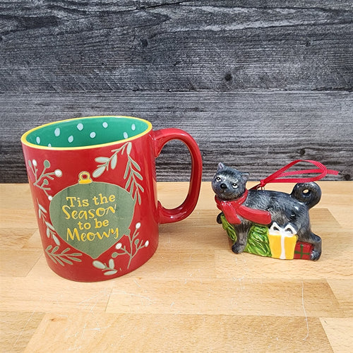 Holiday Cat Mug & Ornament Gift Box Set Red Green Christmas Ceramic Blue Sky