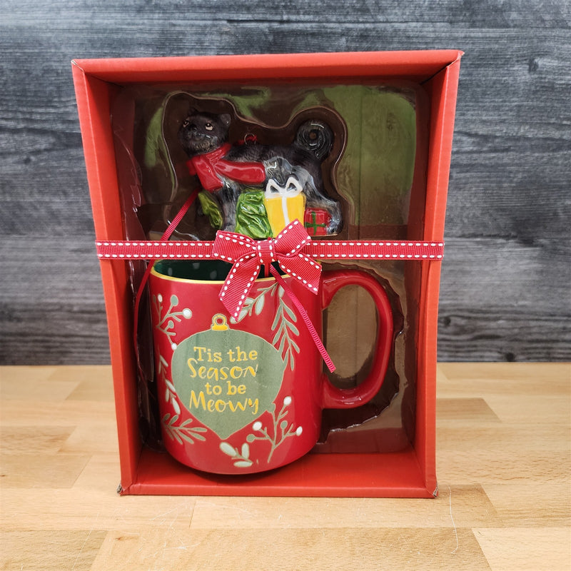 Load image into Gallery viewer, Holiday Cat Mug &amp; Ornament Gift Box Set Red Green Christmas Ceramic Blue Sky
