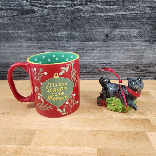 Holiday Cat Mug & Ornament Gift Box Set Red Green Christmas Ceramic Blue Sky