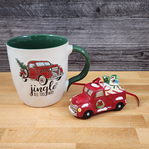 Christmas Red Truck Mug & Matching Ornament Set Holiday with Gift Box Blue Sky