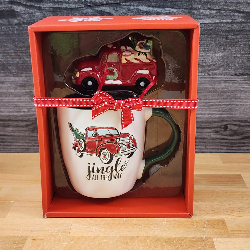 Load image into Gallery viewer, Christmas Red Truck Mug &amp; Matching Ornament Set Holiday with Gift Box Blue Sky
