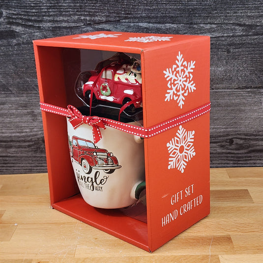 Christmas Red Truck Mug & Matching Ornament Set Holiday with Gift Box Blue Sky