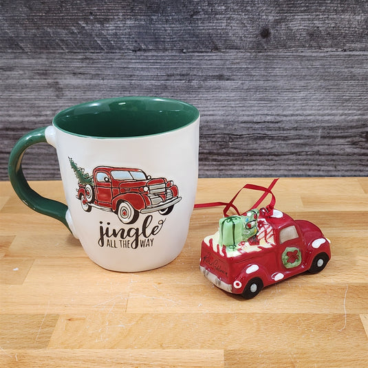 Christmas Red Truck Mug & Matching Ornament Set Holiday with Gift Box Blue Sky