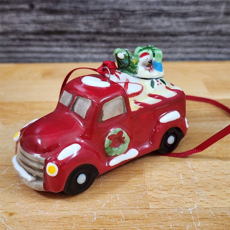 Load image into Gallery viewer, Christmas Red Truck Mug &amp; Matching Ornament Set Holiday with Gift Box Blue Sky
