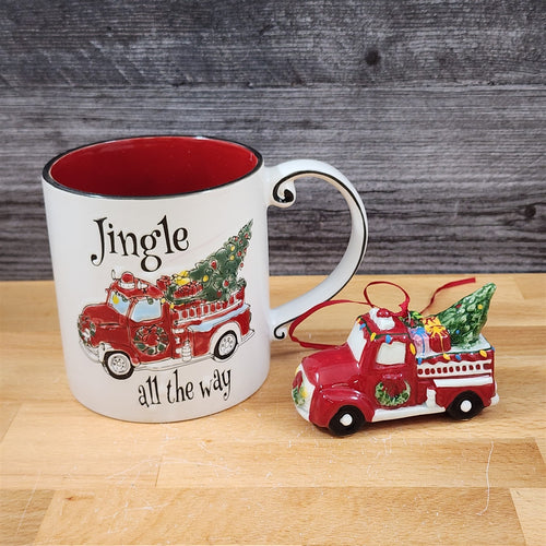 Christmas Fire Truck Mug & Matching Ornament Set Holiday with Gift Box Blue Sky