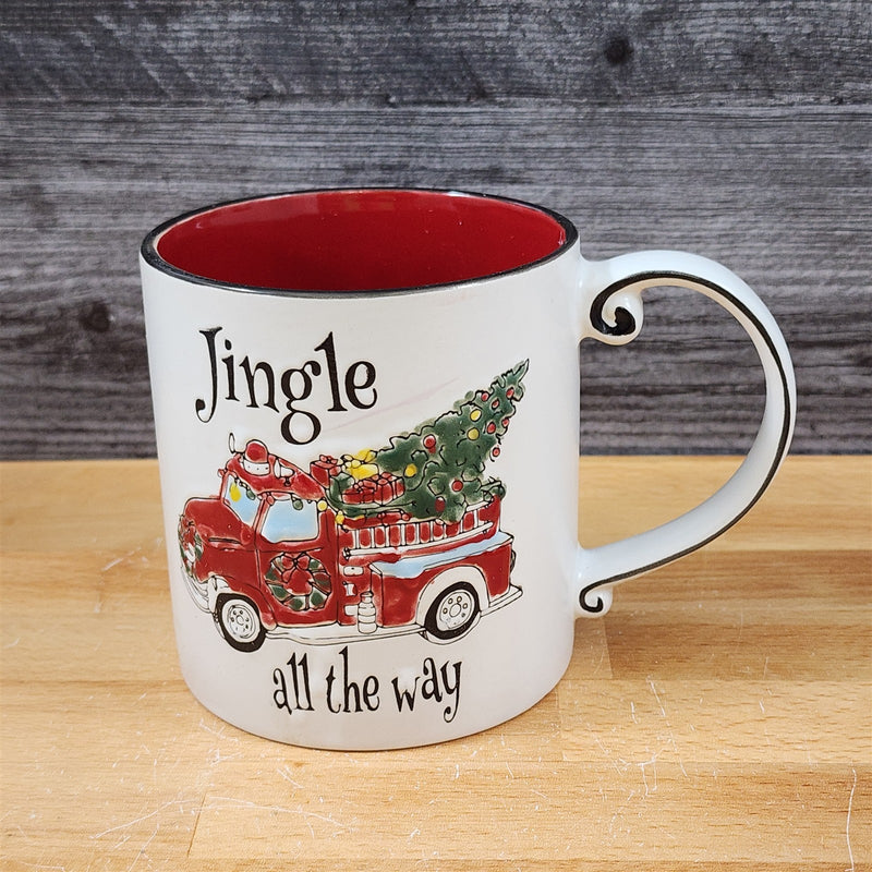 Load image into Gallery viewer, Christmas Fire Truck Mug &amp; Matching Ornament Set Holiday with Gift Box Blue Sky
