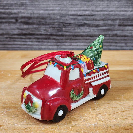 Christmas Fire Truck Mug & Matching Ornament Set Holiday with Gift Box Blue Sky
