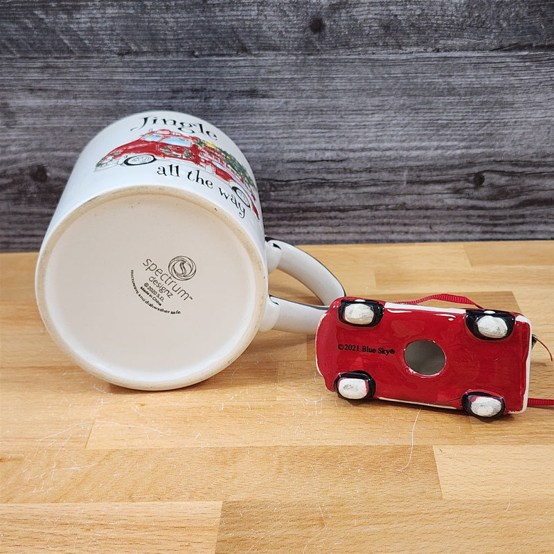 Load image into Gallery viewer, Christmas Fire Truck Mug &amp; Matching Ornament Set Holiday with Gift Box Blue Sky
