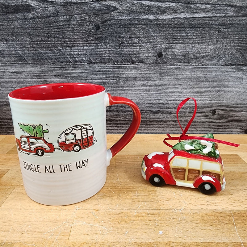 Load image into Gallery viewer, Retro Christmas Car Mug &amp; Matching Ornament Set Holiday with Gift Box Blue Sky
