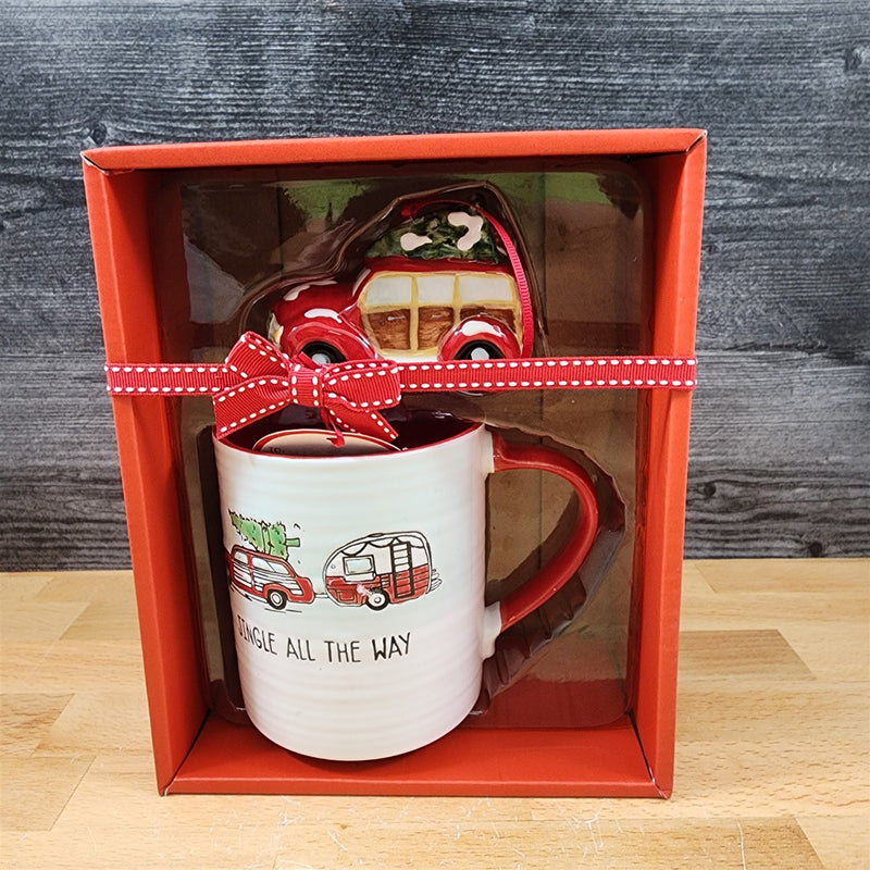 Load image into Gallery viewer, Retro Christmas Car Mug &amp; Matching Ornament Set Holiday with Gift Box Blue Sky
