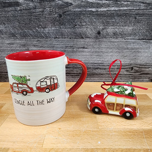 Retro Christmas Car Mug & Matching Ornament Set Holiday with Gift Box Blue Sky