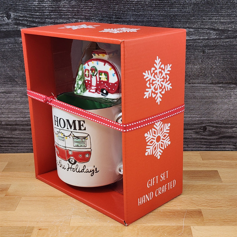 Load image into Gallery viewer, Retro Christmas Camper Mug &amp; Matching Ornament Set Holiday &amp; Gift Box Blue Sky
