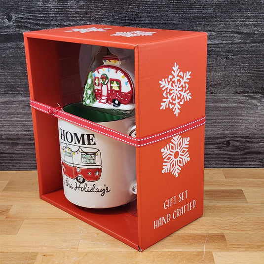 Retro Christmas Camper Mug & Matching Ornament Set Holiday & Gift Box Blue Sky