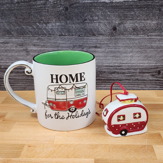 Retro Christmas Camper Mug & Matching Ornament Set Holiday & Gift Box Blue Sky