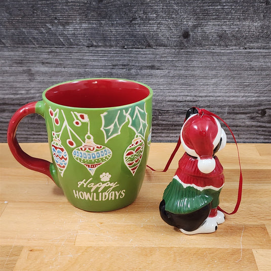 Retro Christmas Mug & Dog Ornament Set Holiday with Gift Box Blue Sky
