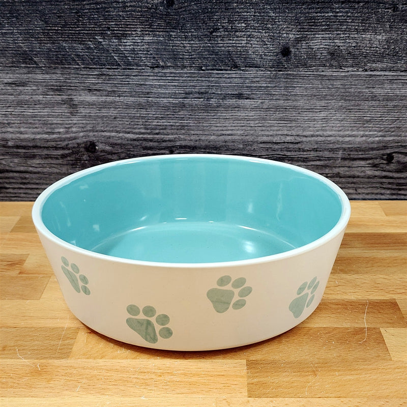 Load image into Gallery viewer, Dog Water Food Bowl Embossed Treat Dish Ceramic Turquoise Inside by Blue Sky
