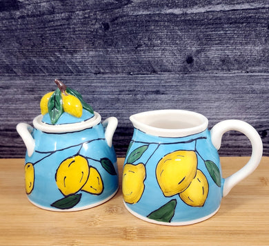 Lemon Sky Sugar Bowl & Creamer Set Ceramic Floral Deco Blue Sky Heather Goldminc