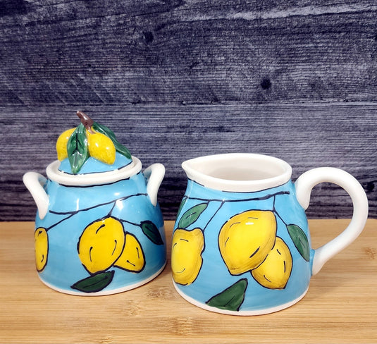 Lemon Sky Sugar Bowl & Creamer Set Ceramic Floral Deco Blue Sky Heather Goldminc