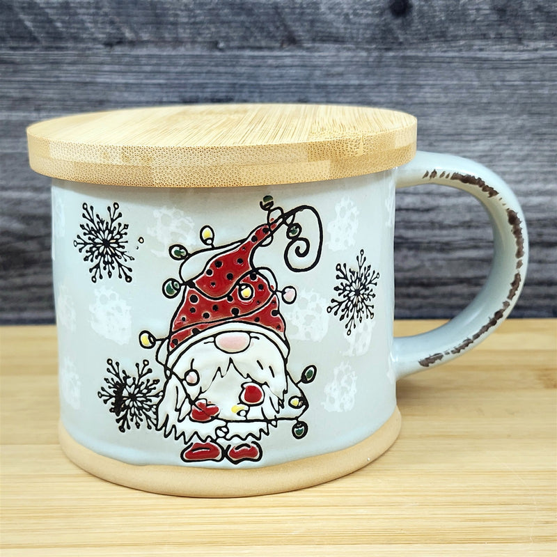 Load image into Gallery viewer, Jovi Gnome Holiday Coffee Mug with Lid 17oz Embossed Tea Cup Ceramic by Blue Sky

