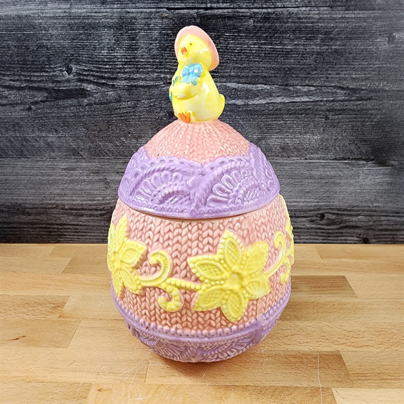 Load image into Gallery viewer, Egg Shaped Easter Jar with Chick on Top Ceramic Embossed 10.5 x 6
