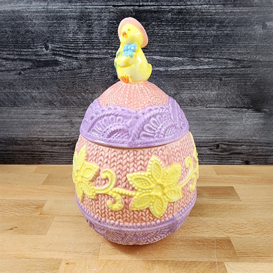 Egg Shaped Easter Jar with Chick on Top Ceramic Embossed 10.5 x 6