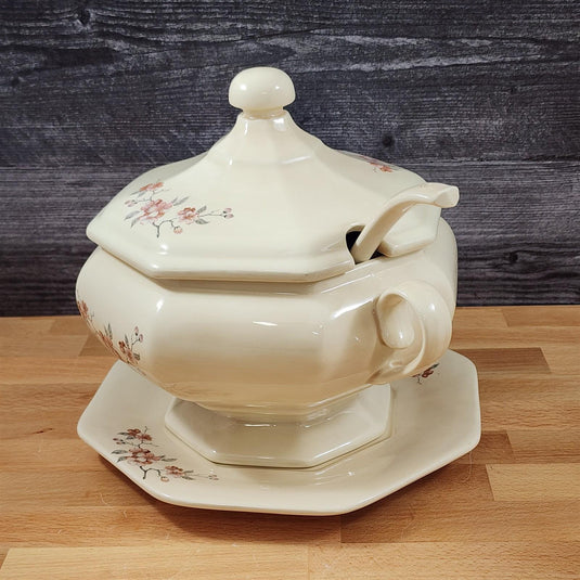 Soup Tureen Set Lid, Ladle & Tray Vintage Floral Ceramic Artisan Signed J. Hov
