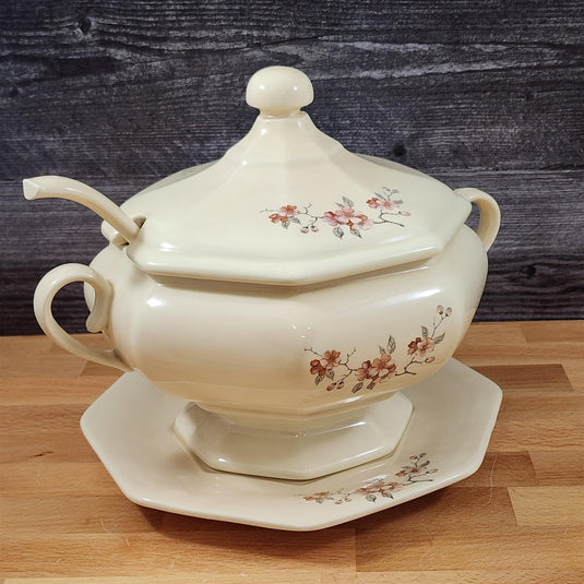 Soup Tureen Set Lid, Ladle & Tray Vintage Floral Ceramic Artisan Signed J. Hov