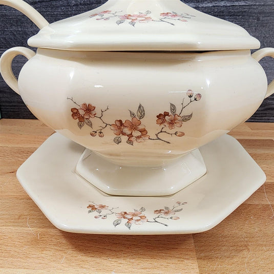 Soup Tureen Set Lid, Ladle & Tray Vintage Floral Ceramic Artisan Signed J. Hov