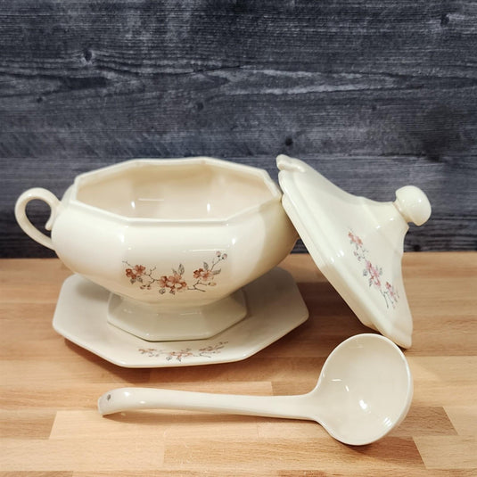Soup Tureen Set Lid, Ladle & Tray Vintage Floral Ceramic Artisan Signed J. Hov