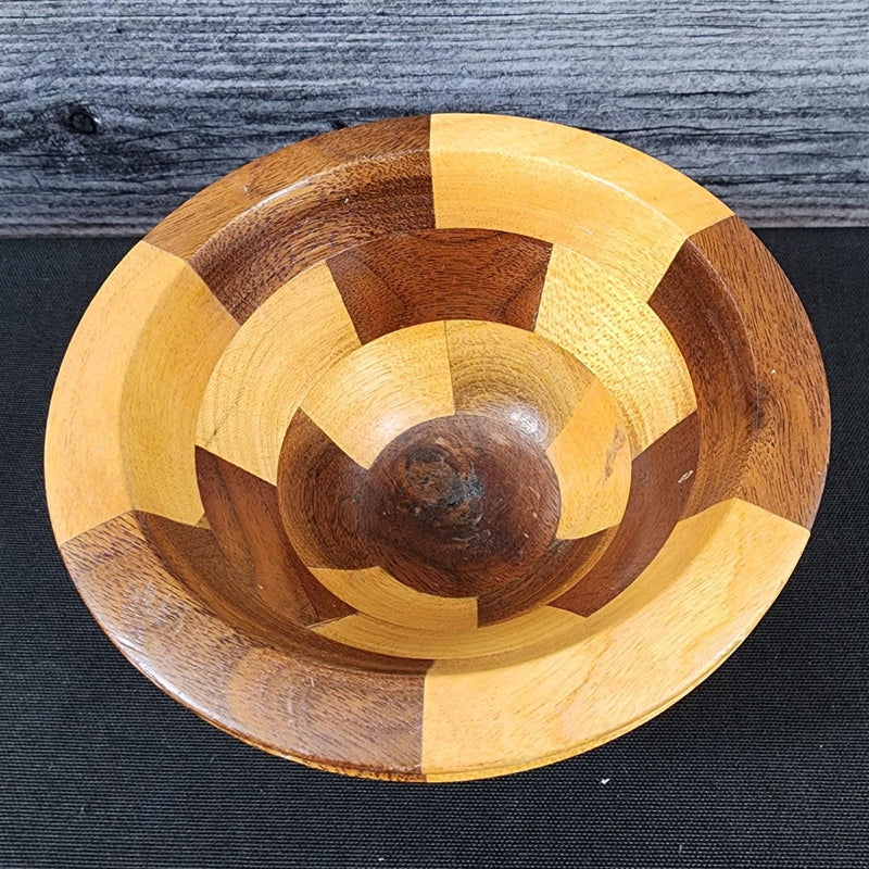 Load image into Gallery viewer, Marquetry Wood Bowl Lathed Segmented Vintage
