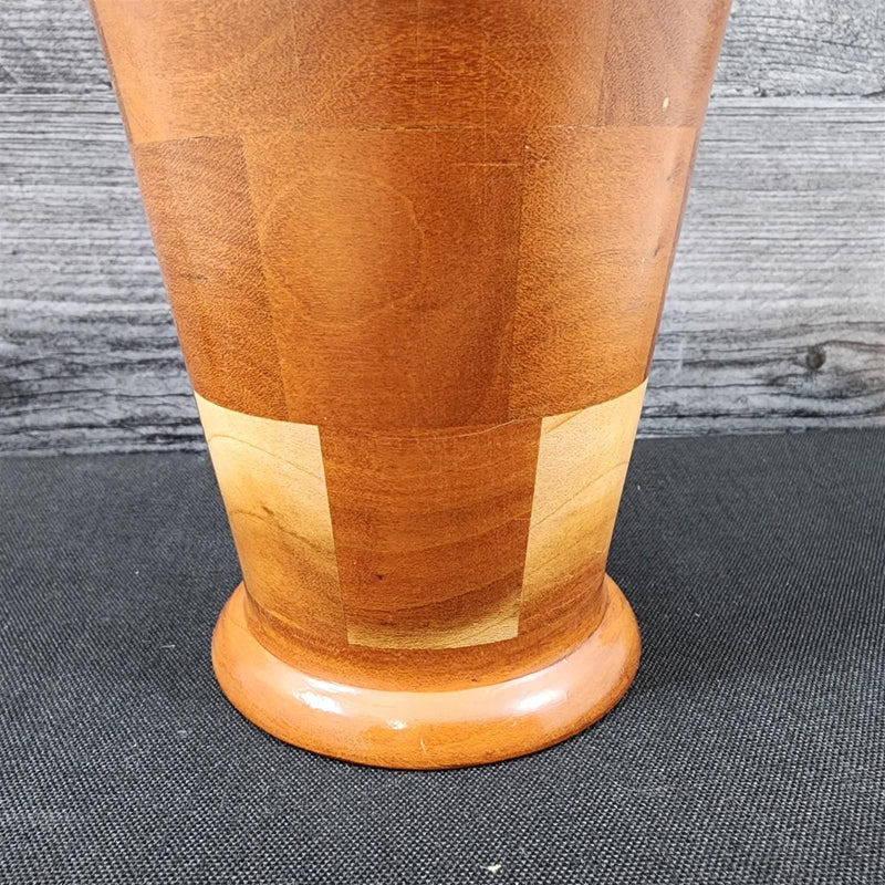 Load image into Gallery viewer, Mid Century Style Solid Wood Vase Natural Finish Handcrafted Marquetry Segmented
