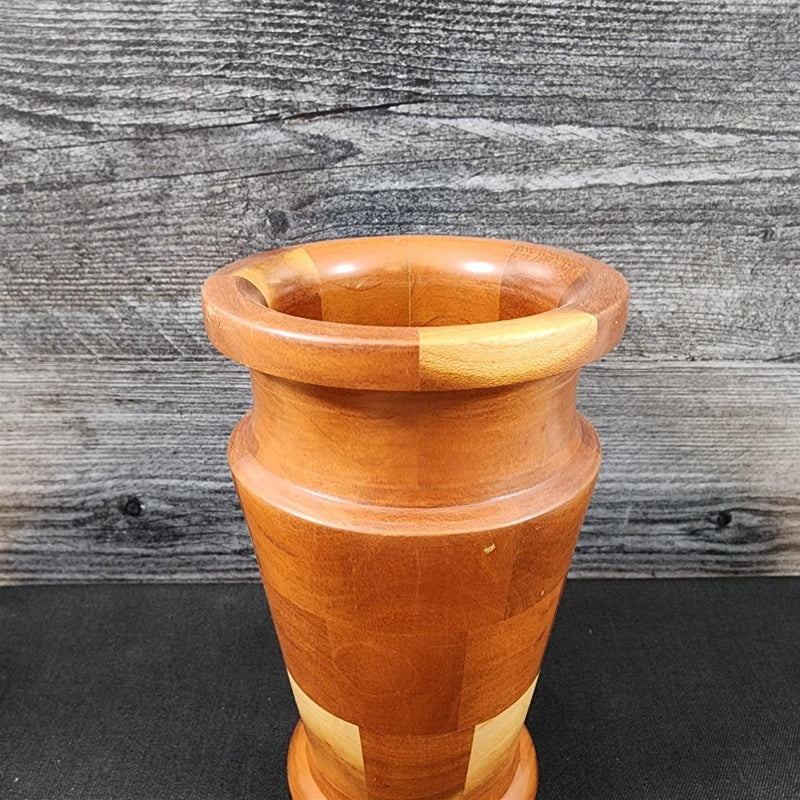 Load image into Gallery viewer, Mid Century Style Solid Wood Vase Natural Finish Handcrafted Marquetry Segmented
