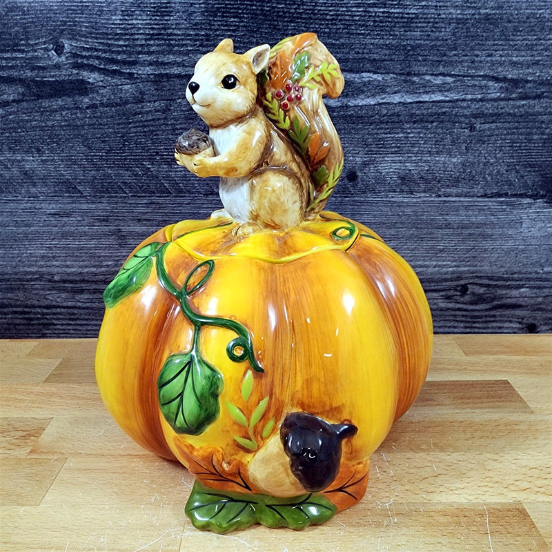 Load image into Gallery viewer, Harvest Time Pumpkin Squirrel Cookie Treat Snack Candy Jar Ceramic by Blue Sky
