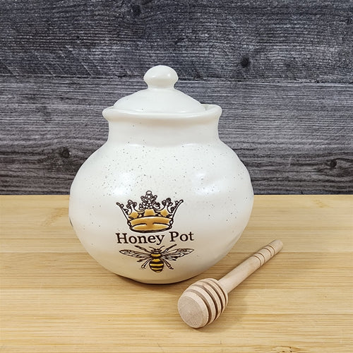 Old English Honey Pot Canister Ceramic With Wood Dipper Stick By Blue Sky