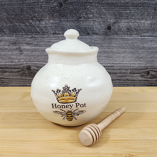 Old English Honey Pot Canister Ceramic With Wood Dipper Stick By Blue Sky