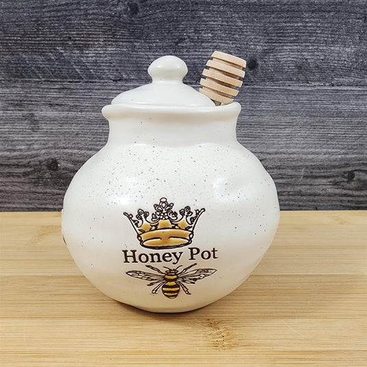 Old English Honey Pot Canister Ceramic With Wood Dipper Stick By Blue Sky
