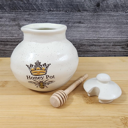 Old English Honey Pot Canister Ceramic With Wood Dipper Stick By Blue Sky