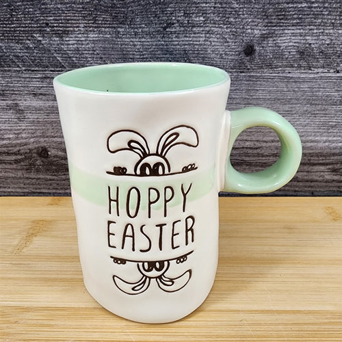 Easter Bunny Mug “Hoppy Easter” Spring Mint Green Inside Ceramic Cup Blue Sky