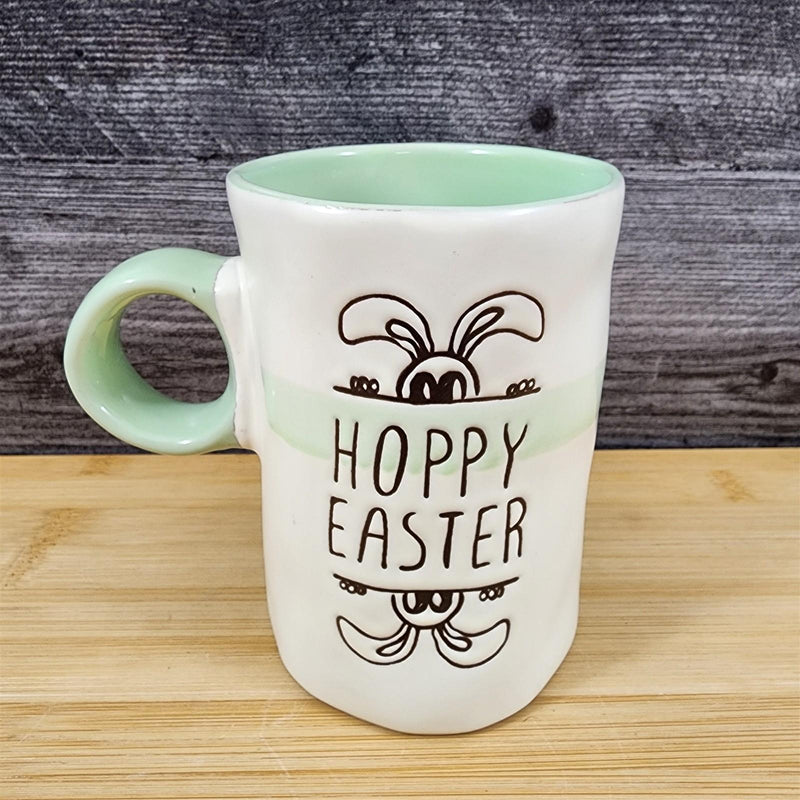 Load image into Gallery viewer, Easter Bunny Mug “Hoppy Easter” Spring Mint Green Inside Ceramic Cup Blue Sky
