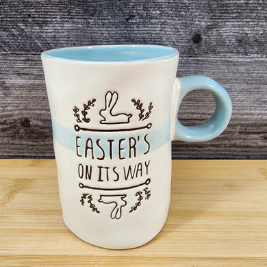 Easter Bunny Mug “Easters on its way” Spring Pastel Inside Ceramic Cup Blue Sky