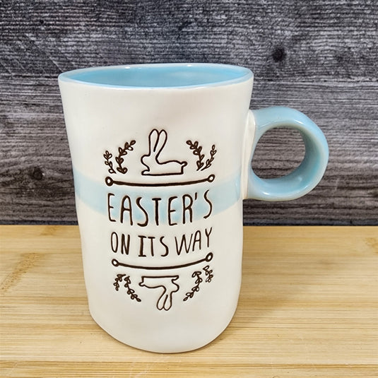 Easter Bunny Mug “Easters on its way” Spring Pastel Inside Ceramic Cup Blue Sky