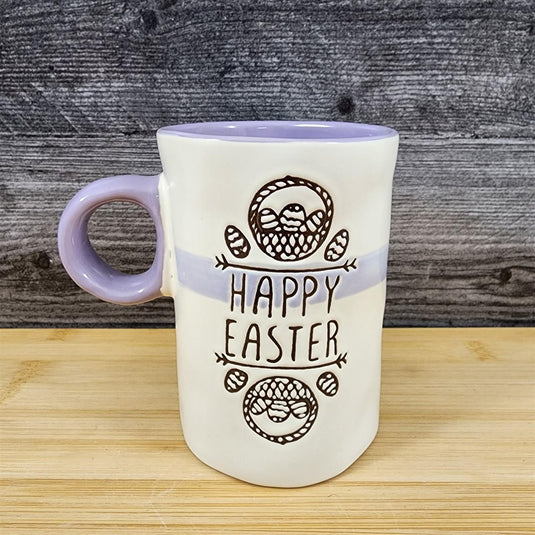 Easter Bunny Mug “Happy Easter” Spring Pastel Purple Inside Ceramic Cup Blue Sky